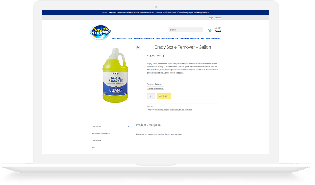 Product Page for Impact Cleaning Products web development