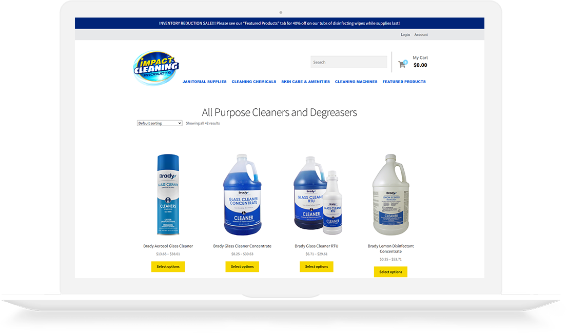 Shop page for Impact Cleaning Products web development