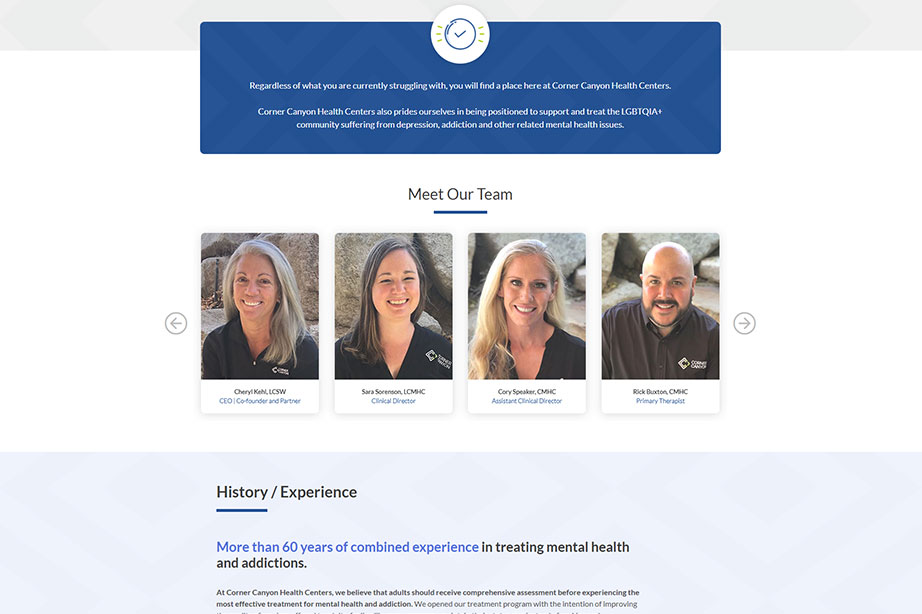 Web design homepage team section Corner Canyon Health Centers