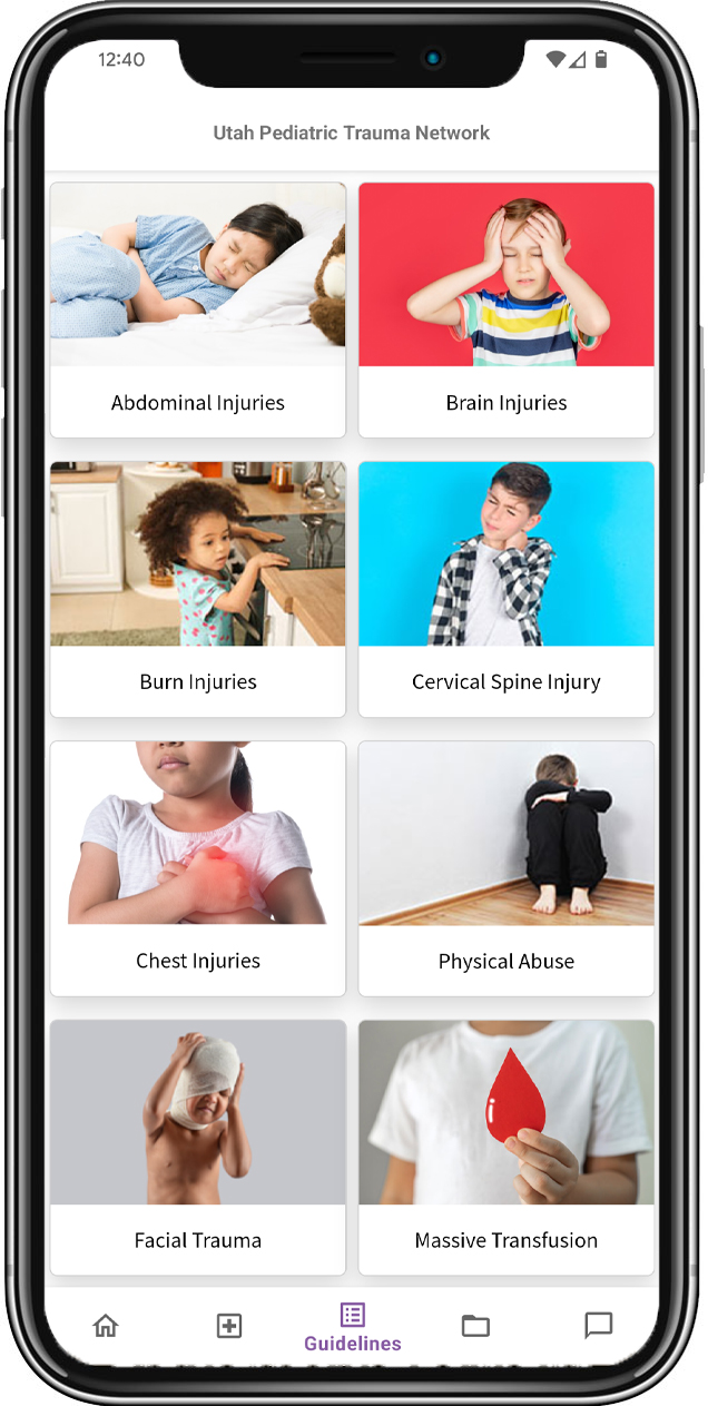 mobile phone displaying the guidelines screen of the app for Utah Pediatric Trauma Network