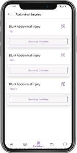 mobile phone displaying the abdominal injuries screen of the app for Utah Pediatric Trauma Network