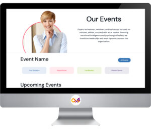 Desktop computer displaying the Events page of the Blue EQ website