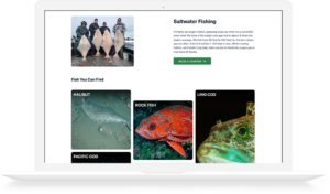 a laptop opened to the saltwater fishing page of Glacier Bear Lodge's website
