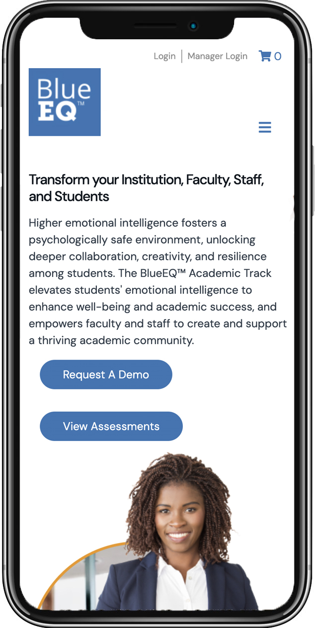 a mobile phone displaying the Academics page of the Blue EQ website
