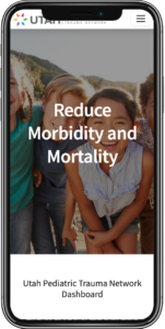 Mobile phone displaying the dashboards and benchmarks page of the Utah Pediatric Trauma Network website