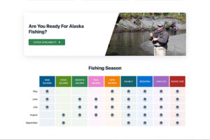Webpage design with chart showing Fishing Season for the Glacier Bear Lodge company