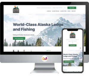 a desktop computer and mobile phone both displaying the Homepage of the Great Bear Lodge website