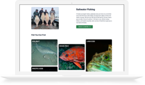 a laptop opened to the saltwater fishing page of Glacier Bear Lodge's website