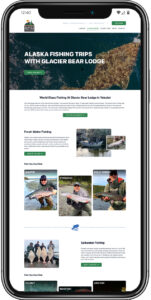 mobile phone open to the Alaska Fishing Tours page of Glacier Bear Lodge's website